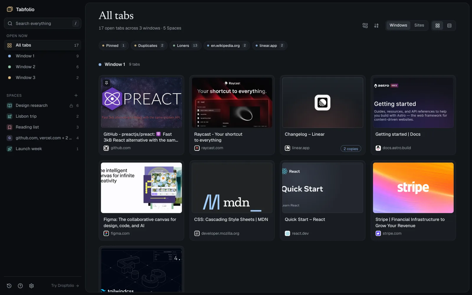 Tabfolio showing all open tabs as preview cards, with windows and Spaces listed in the sidebar