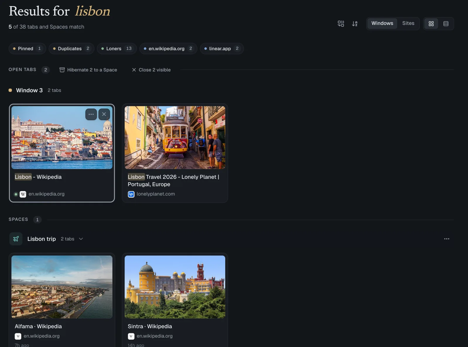 Search results for lisbon, showing open tabs and a saved Space together