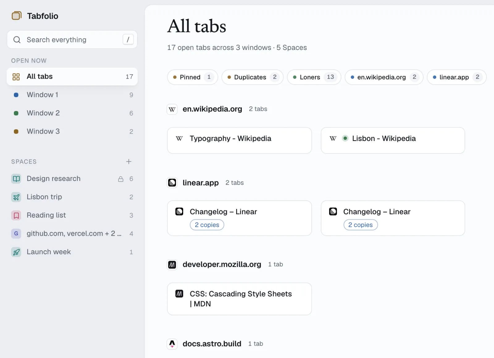 Tabfolio in light mode, grouping tabs by site with compact rows