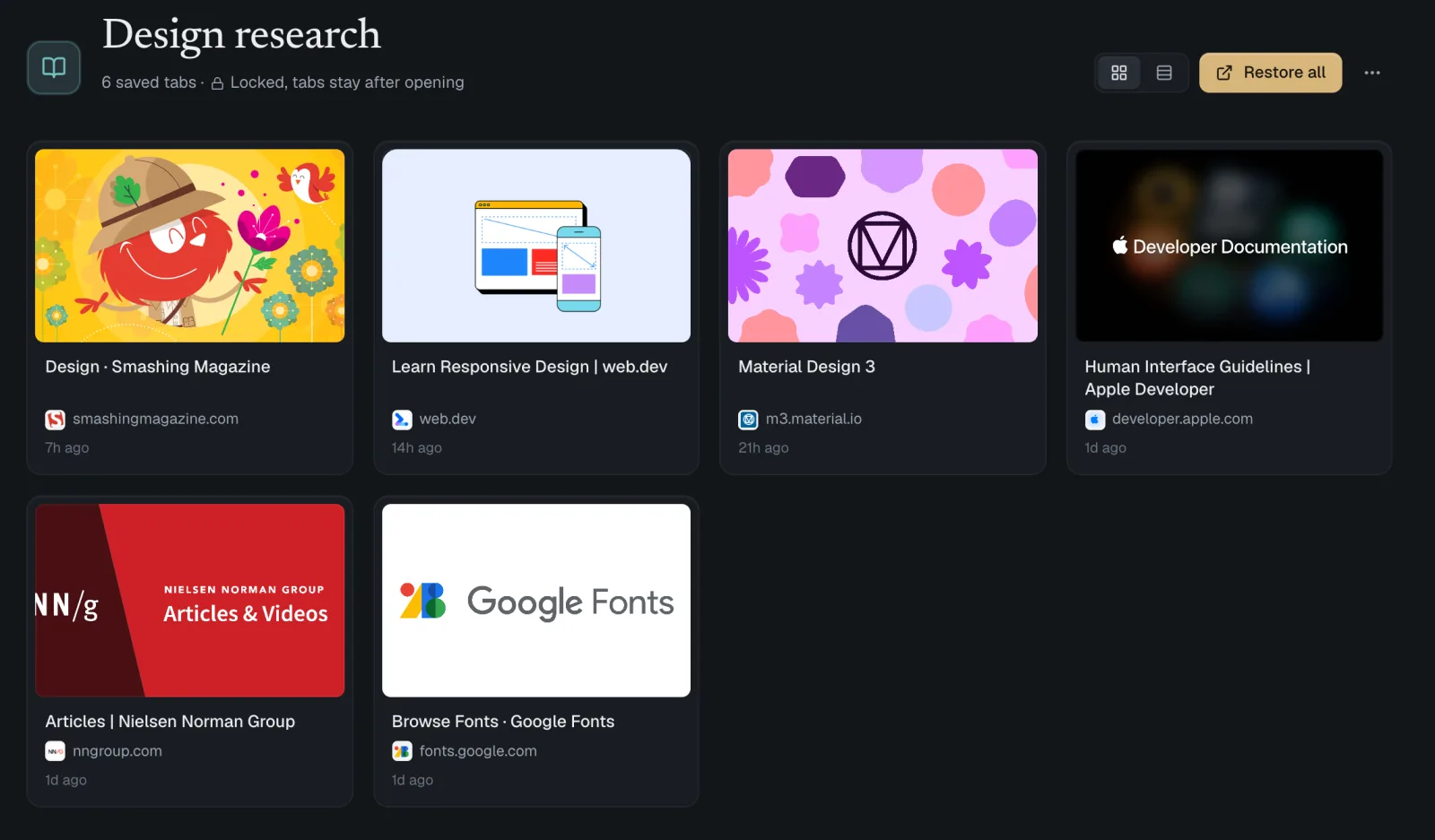 A locked Space called Design research with six saved tabs and a Restore all button